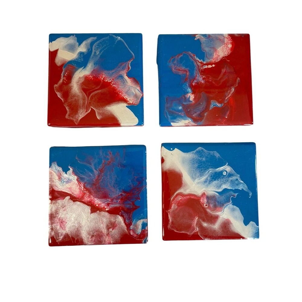 Abstract Resin Drink Coaster Set Red White Blue Cork Non Slip Back Unique Decor